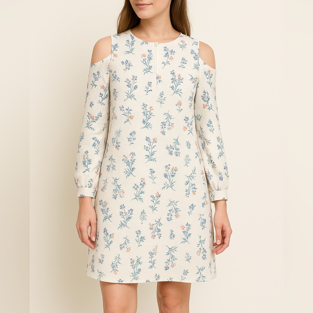 WAYF Cold Shoulder Floral Shift Dress Women’s Size Small White Blue Pink